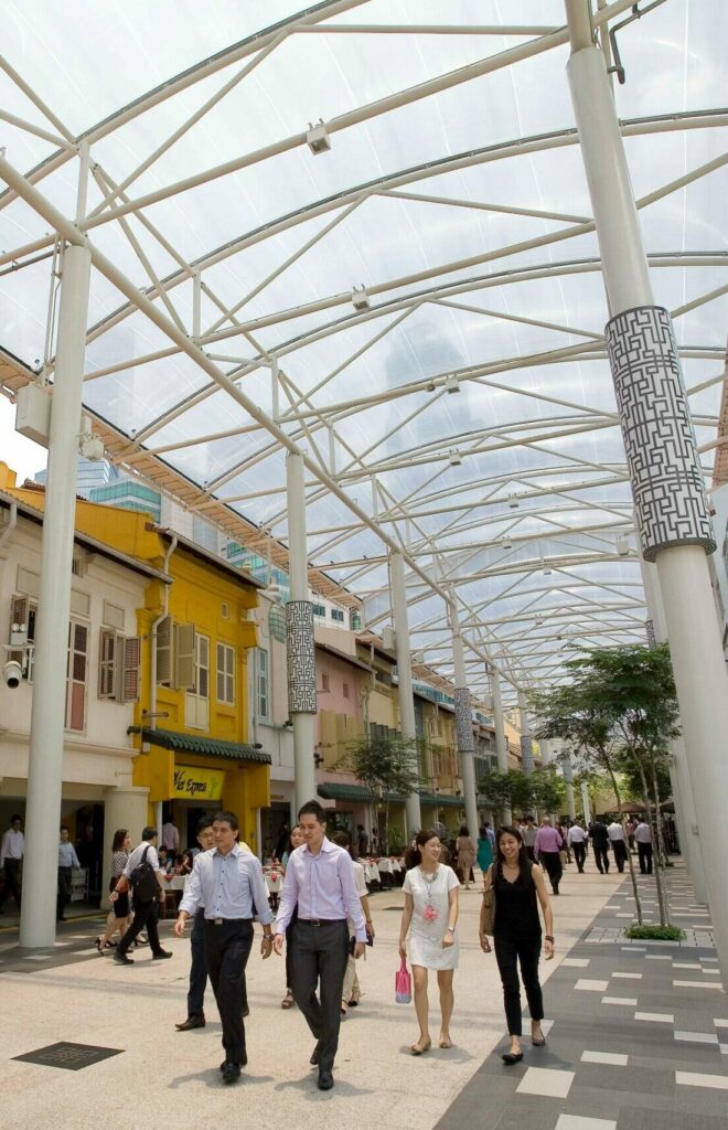 ETFE foil roof at China Square Central transforms Singapore’s Nankin Street into a shaded, open-air public space.