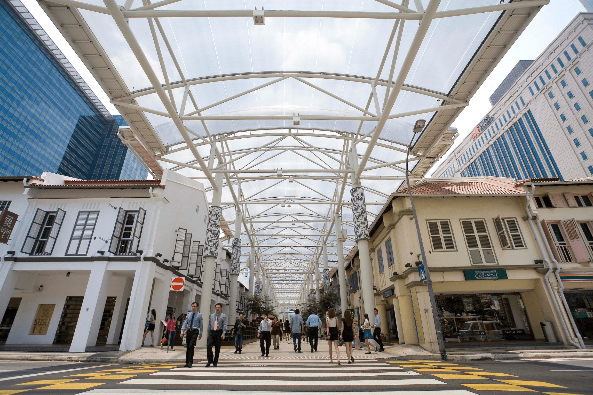 ETFE foil roof at China Square Central transforms Singapore’s Nankin Street into a shaded, open-air public space.