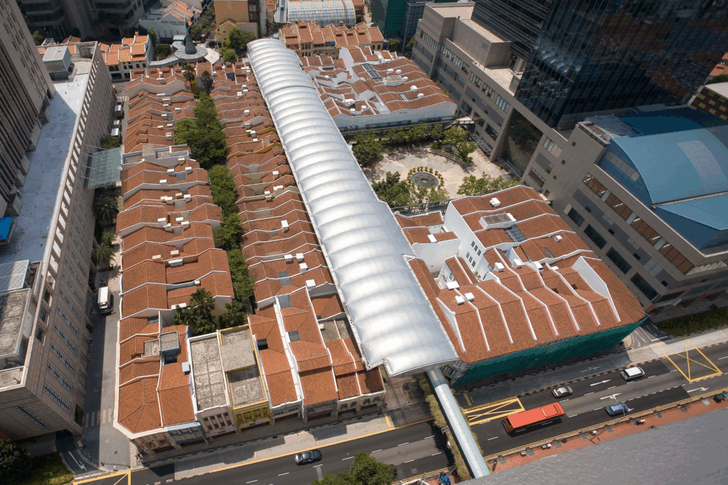 ETFE foil roof at China Square Central transforms Singapore’s Nankin Street into a shaded, open-air public space.