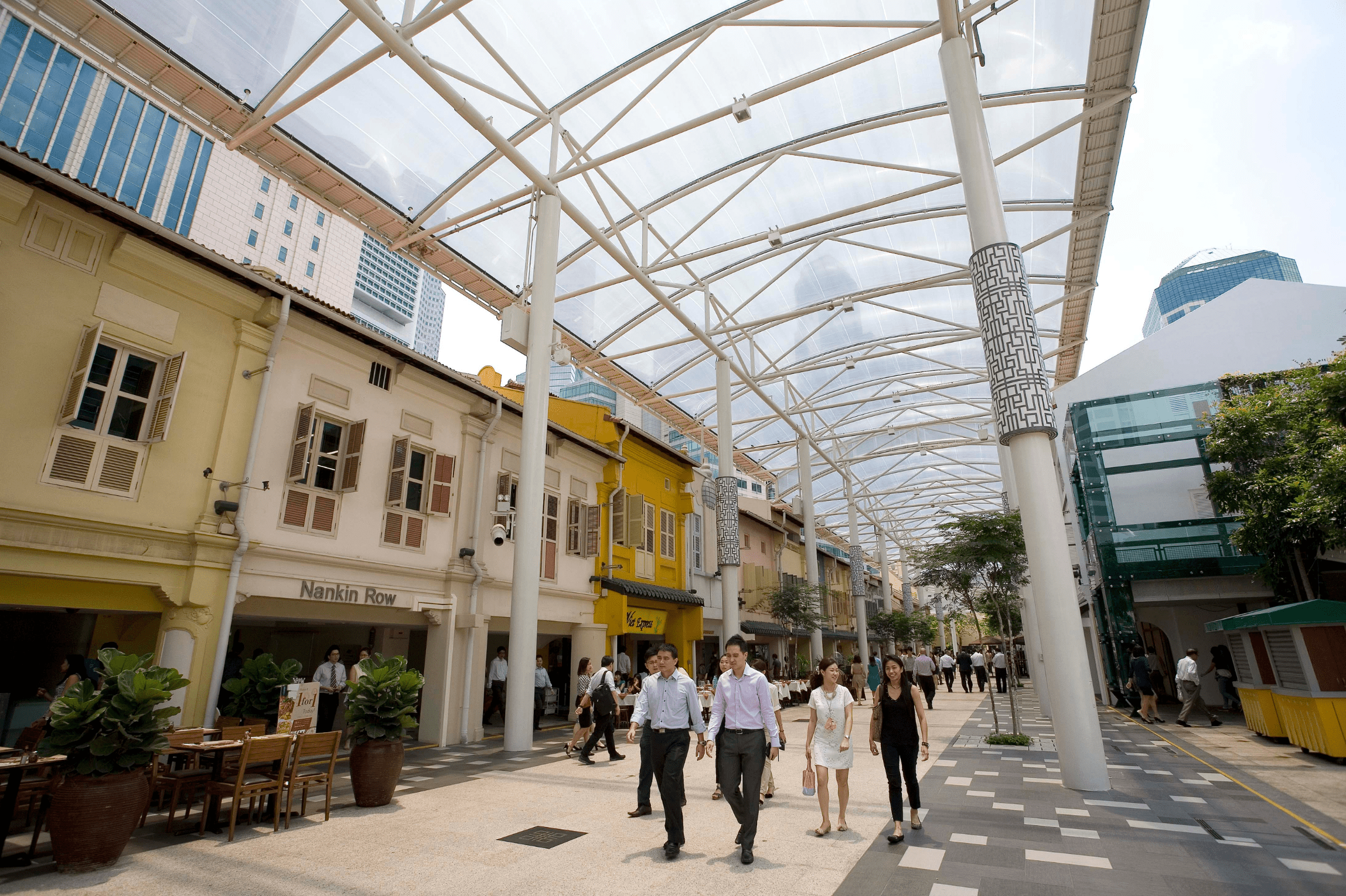 ETFE foil roof at China Square Central transforms Singapore’s Nankin Street into a shaded, open-air public space.