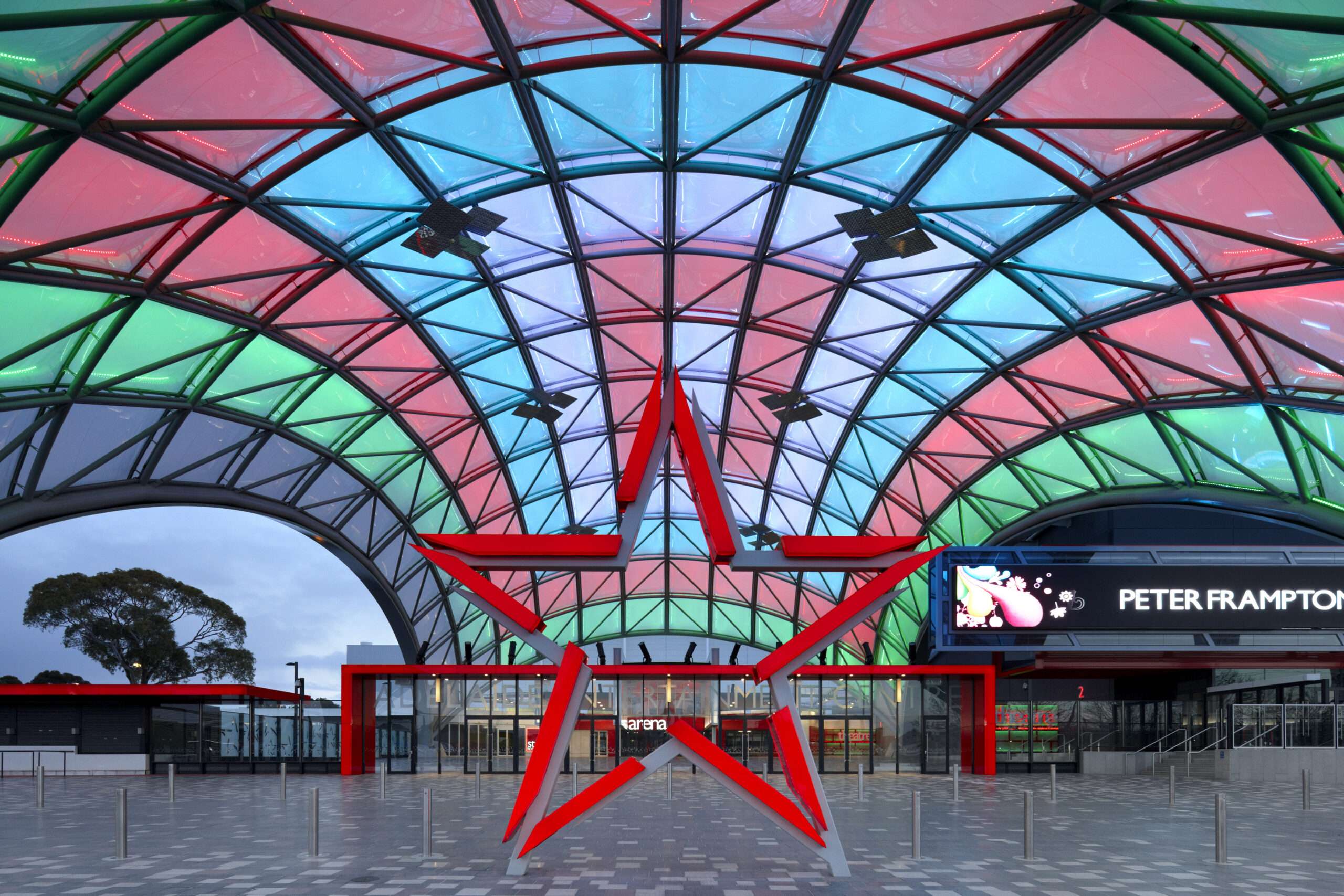 ETFE Australia: The Adelaide Entertainment Centre features a 2,498 m² ETFE canopy with LED lighting, lightweight design, and efficient installation by Vector Foiltec Asia Pacific.