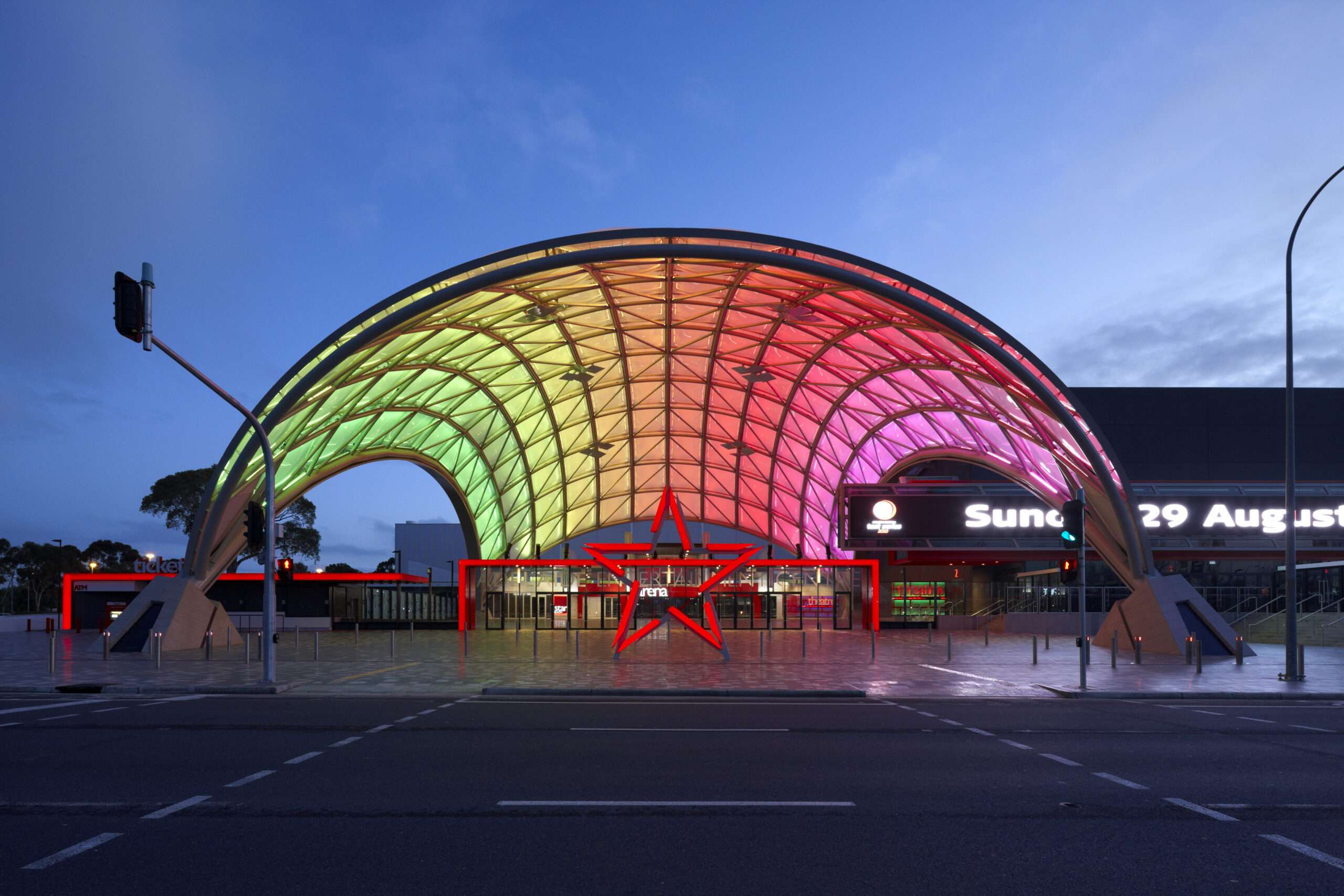 ETFE Australia: The Adelaide Entertainment Centre features a 2,498 m² ETFE canopy with LED lighting, lightweight design, and efficient installation by Vector Foiltec Asia Pacific.
