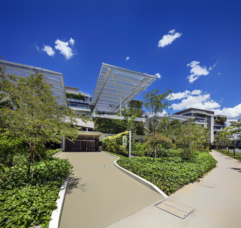 ETFE Singapore: Early Learning Village in Singapore uses 3,000 m² of ETFE canopies to shelter outdoor play, learning and pool spaces with UV protection and daylight control.