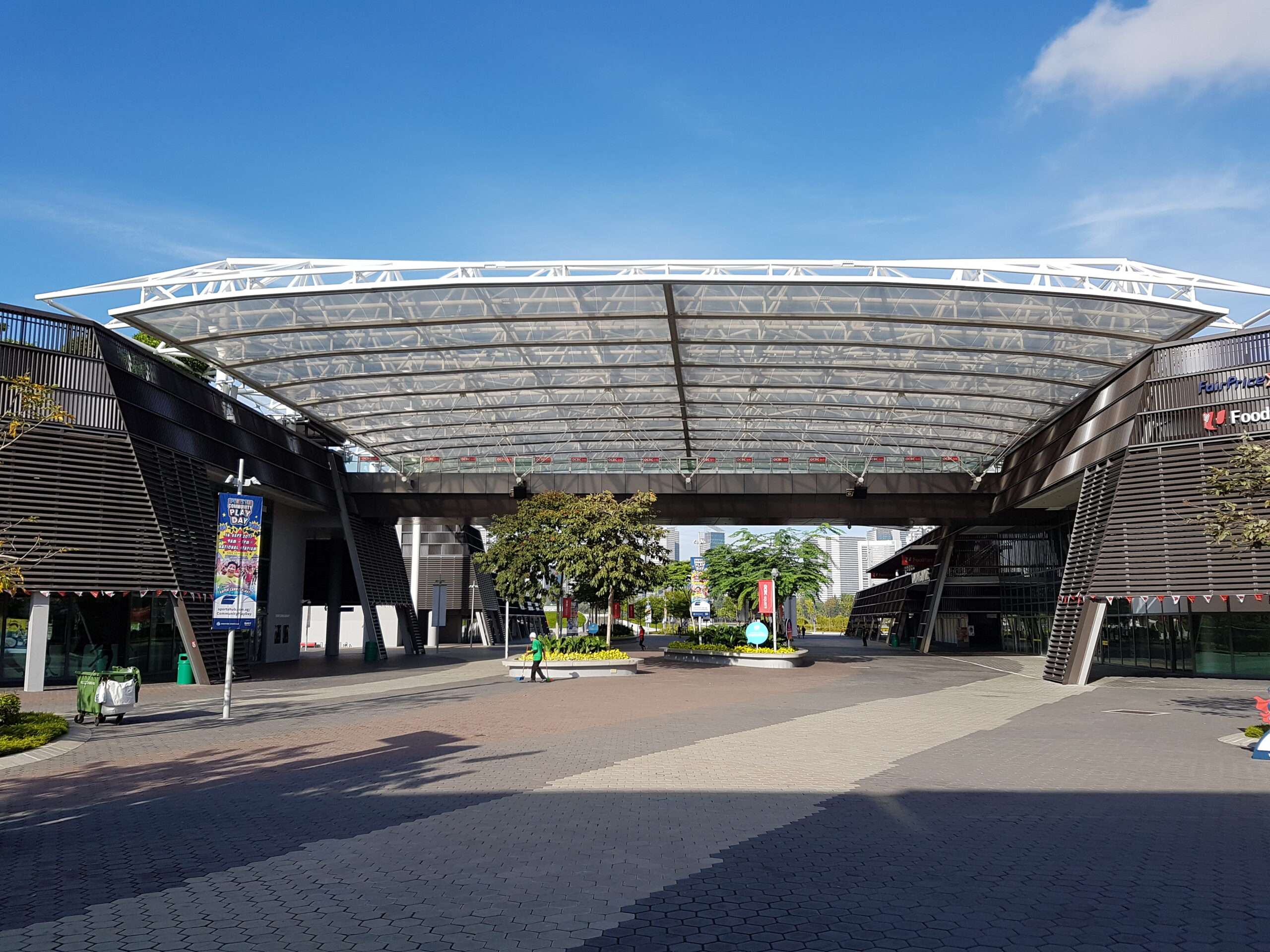 ETFE Singapore: West Plaza at the Singapore Sports Hub features an ETFE canopy providing lightweight weather protection for a major public gathering space.