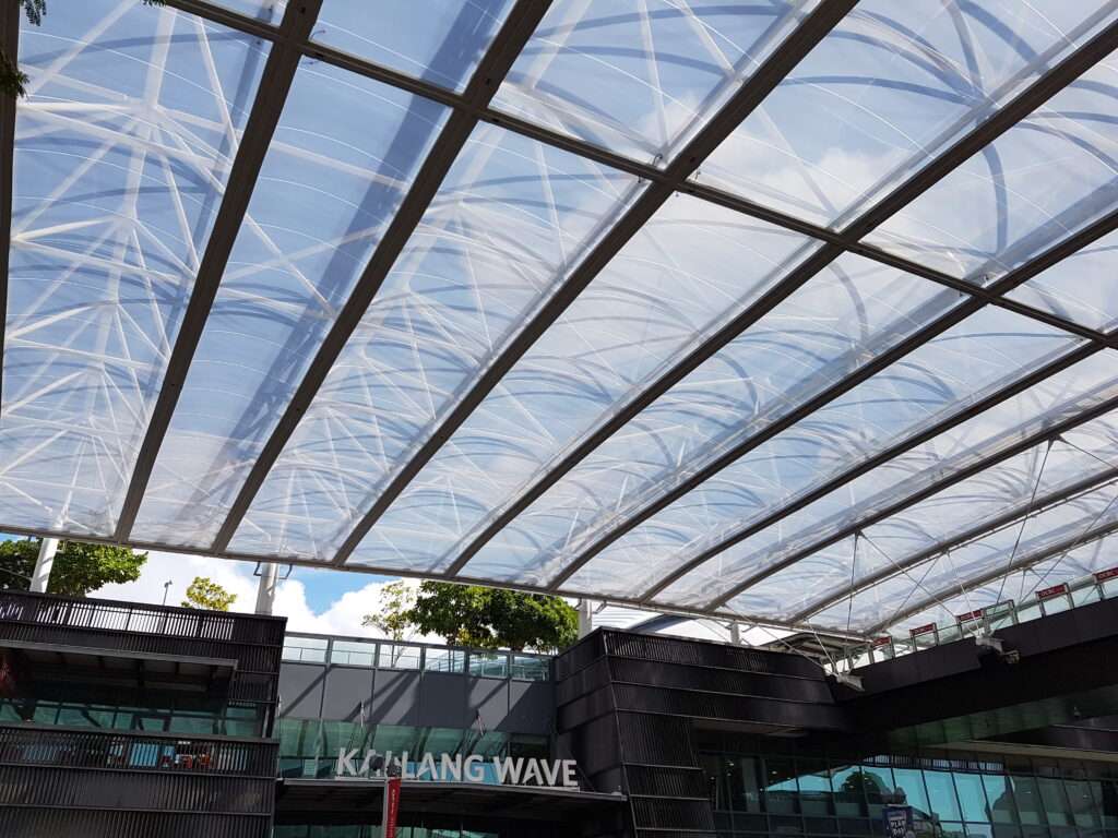ETFE Singapore: West Plaza at the Singapore Sports Hub features an ETFE canopy providing lightweight weather protection for a major public gathering space.